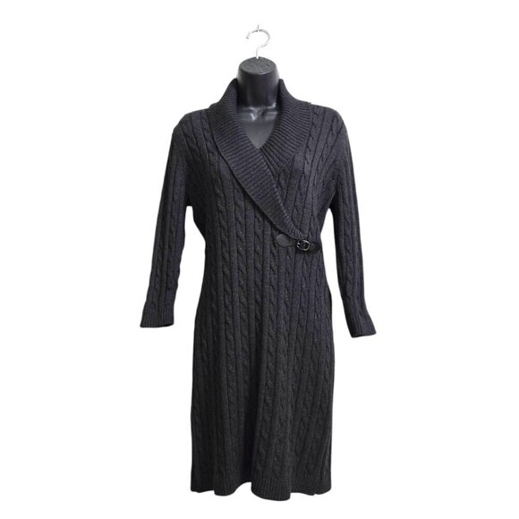 Calvin Klein Gray Faux Wrap Shawl Collar Cable Knit Sweater Dress Sz M - Picture 2 of 8